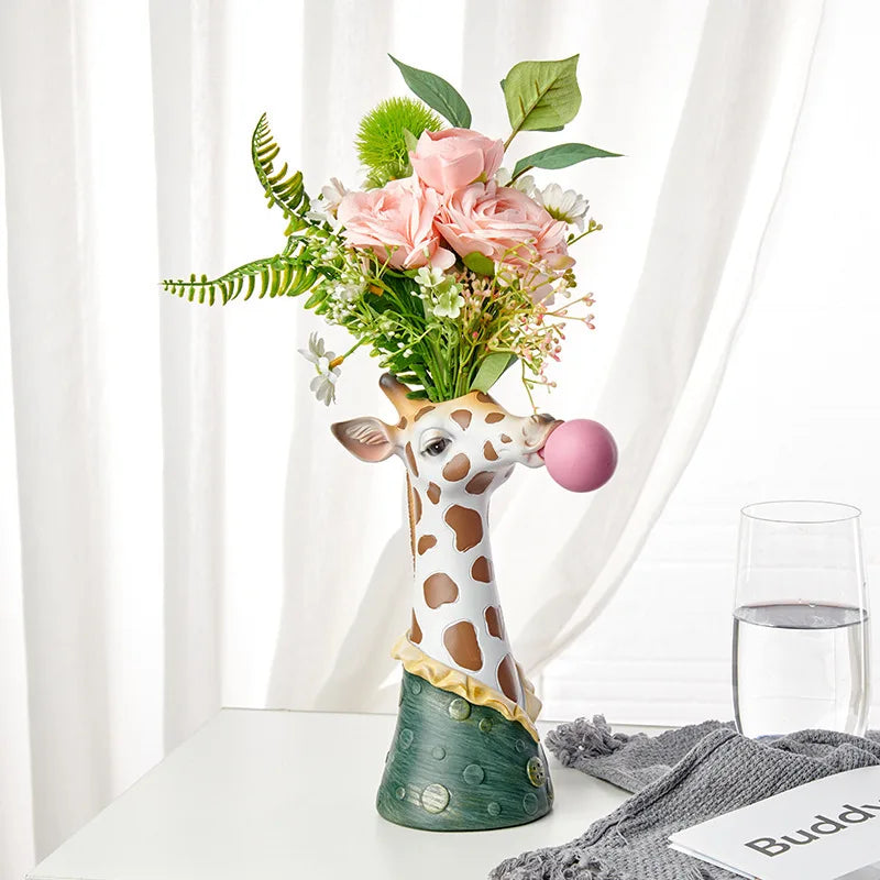 Zebra Giraffe Blowing Bubbles Creative Art Vase Artificial Flower Vase Dried Flower Vase Living Room Table Art Home Decor