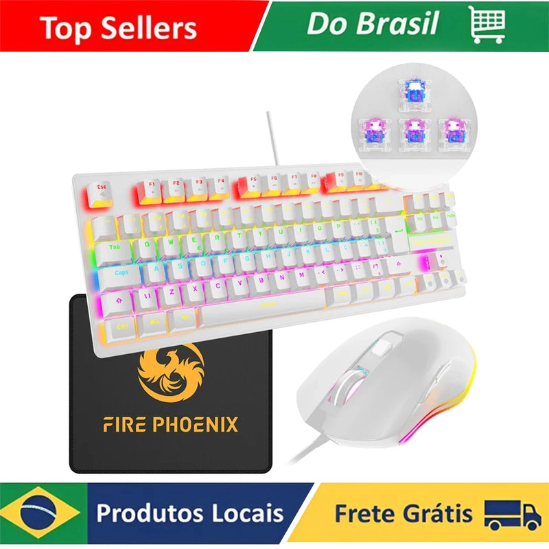 Mechanical Keyboard Kit And Mouse Gamer 3200 Dpi Wired Abnt2 Lighting Led Rgb Switch Blue 60% White Be-k1 Luuk Young