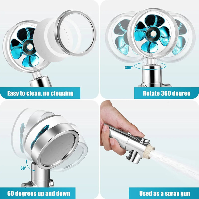 New Propeller Shower Head High Pressure Water Saving Supercharged Turbo Showerhead with Fan Filter Rainfall Bathroom Shower