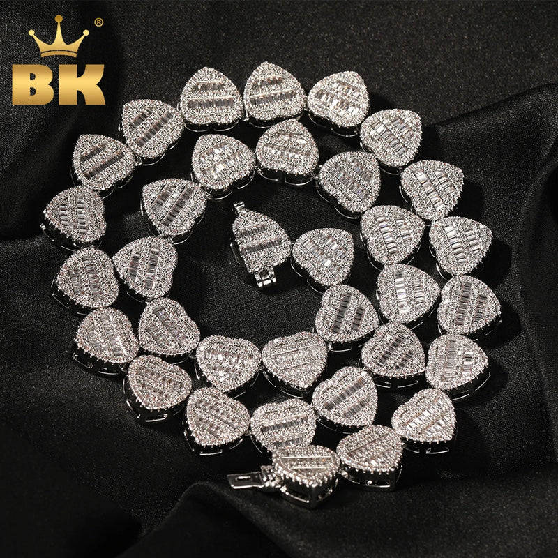 THE BLING KING 12mm Baguettecz Heart Necklace Full Paved Out Cubic Zirconia Link Chain Luxury Jewelry Engagement Gift For Women