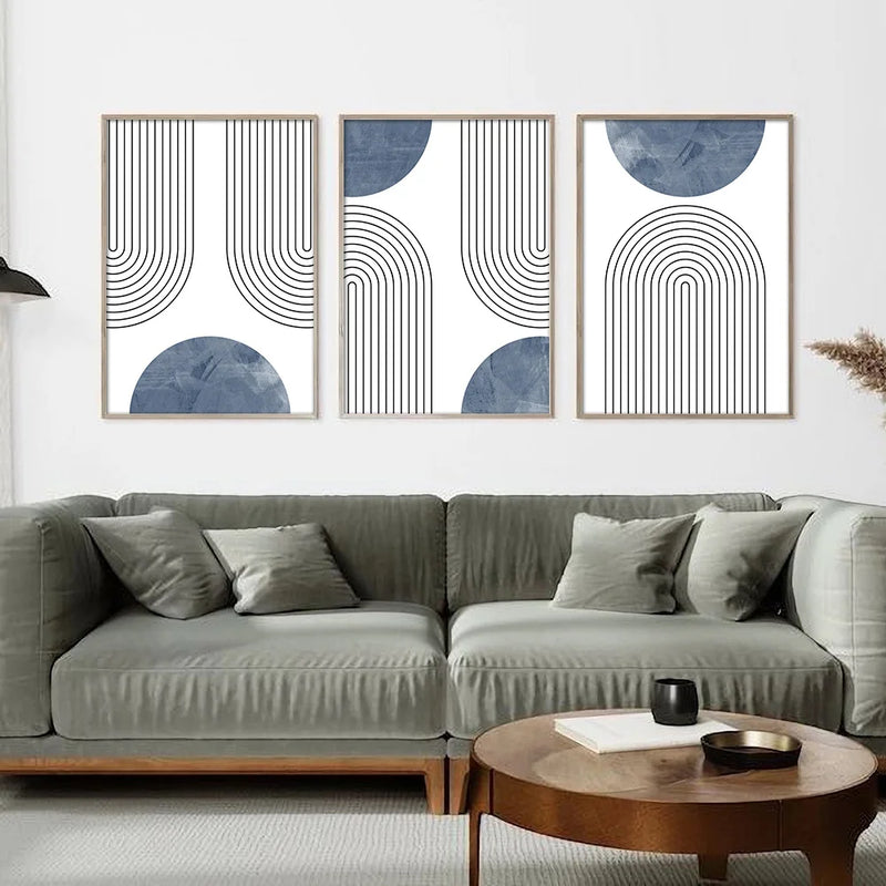 Set of 3 Blue Mid-century Retro Geometric Art Poster Print Boho Simple Line Abstract Wall Decor Painting Minimalist Wall Picture