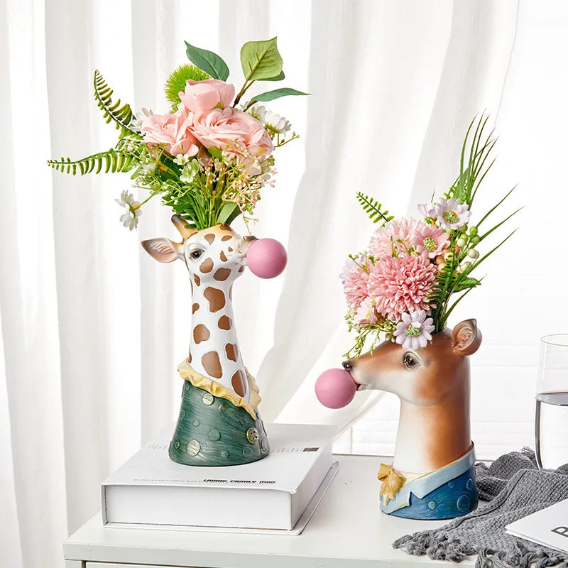 Zebra Giraffe Blowing Bubbles Creative Art Vase Artificial Flower Vase Dried Flower Vase Living Room Table Art Home Decor