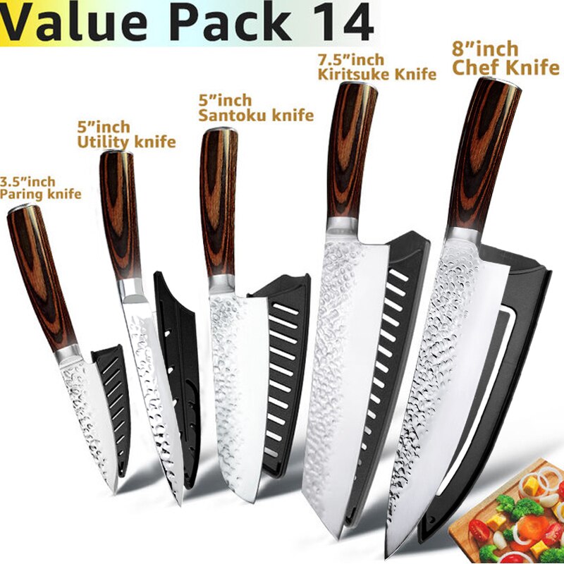 Kitchen Knife Japanese Chef Knives Set 7CR17 High Carbon Stainless Steel Full Tang Hammer Pattern Meat Cleaver Utility Santoku K