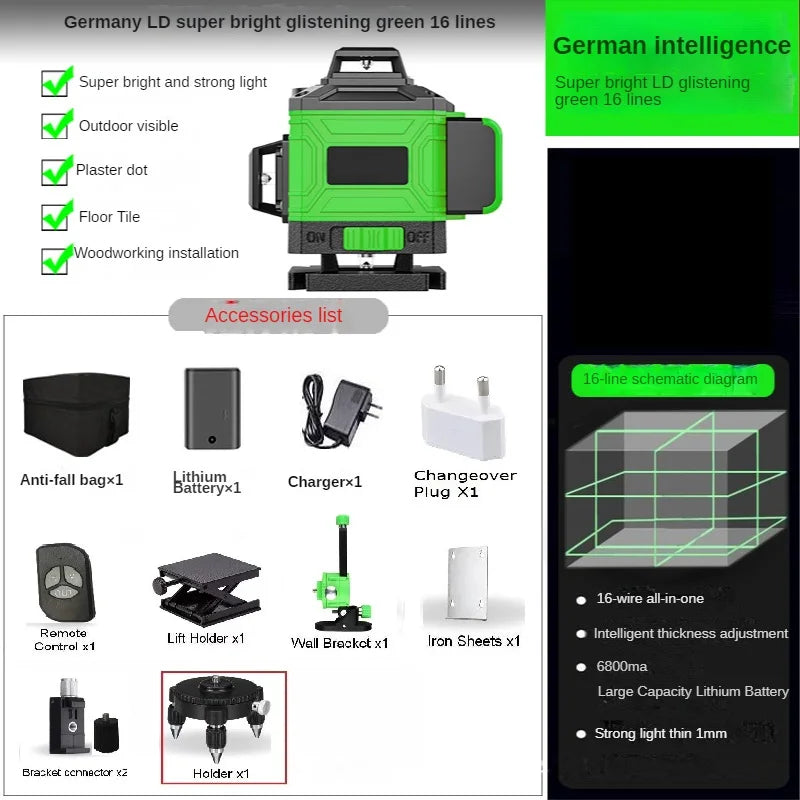 16/12 Lines 4D Laser Level green line SelfLeveling 360 Horizontal And Vertical Super Powerful Laser level green Beam laser level