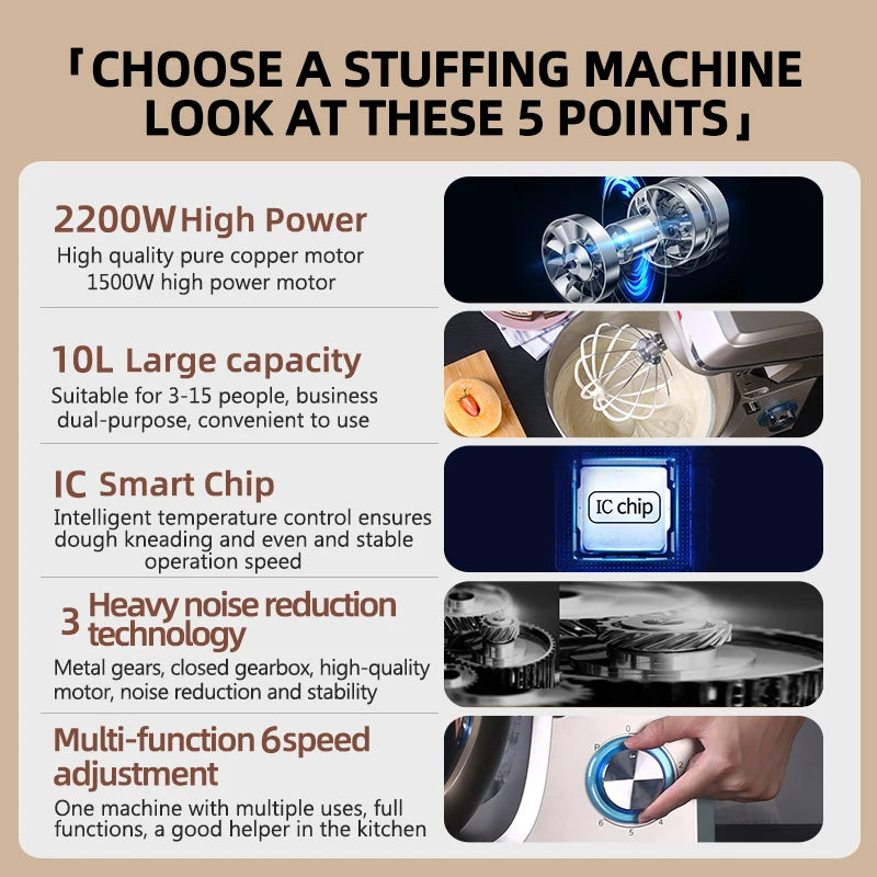 SUNATUR 10L Stand Mixer 2200w Dough Kneading Planetary Proccessor Automatic Beater Electric timed Kitchen Blender cream whipper