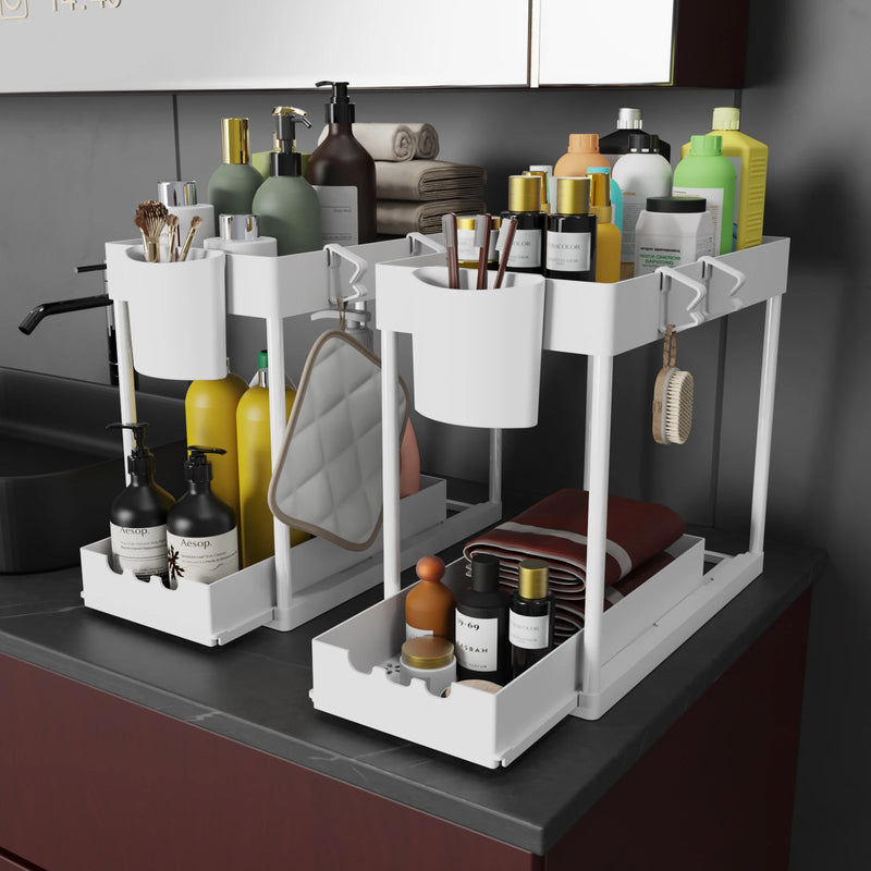 2Pcs 2-Tier Sliding Cabinet Organizer, Pull-Out Under Sink Rack, Double-Layer Storage Shelf for Kitchen & Bathroom