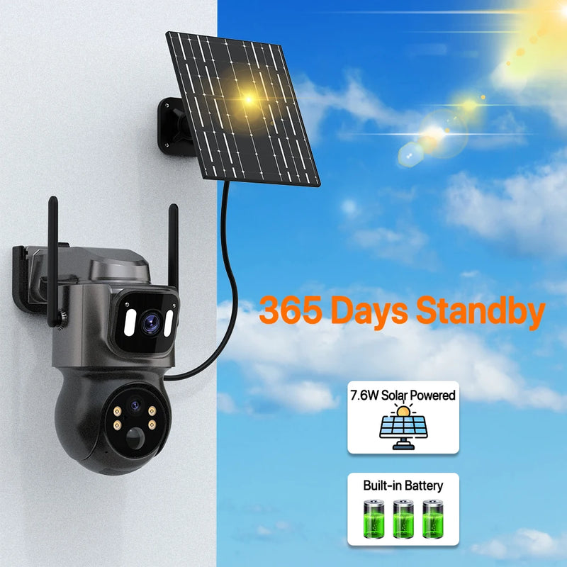 Outdoor 4K HD Built-in Battery Dual Lens Solar WiFi Camera Security Camera Solar Panel Wireless Cam PIR Alarm iCsee