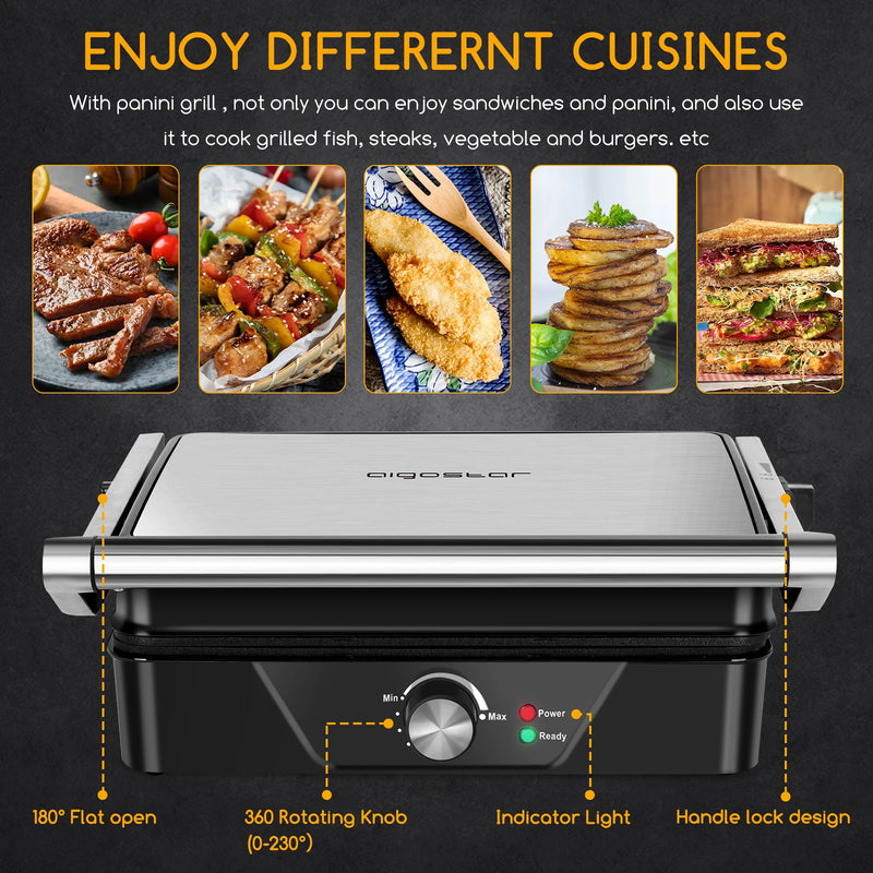 Electric grille, sandwich maker and Panini machine, 2000W power, adjustable temperature and timer, 180 ° opening, big plates 29x24cm, BPA free