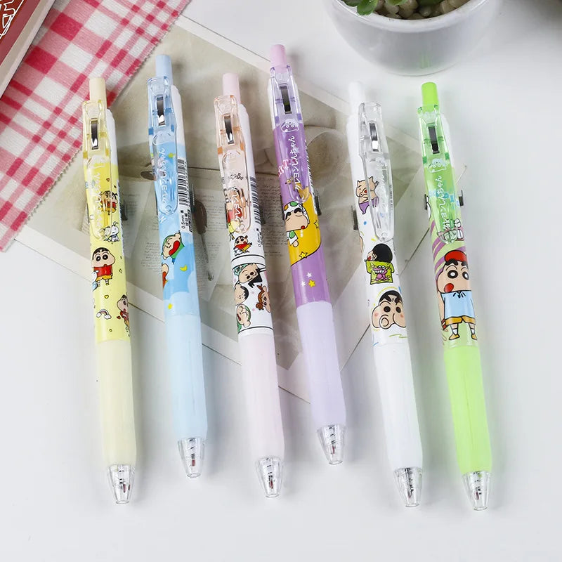 Crayon Shin-chan Black Gel Pen 6Pcs Cartoon Student Stationery Cute Math Pen, School Office Supplies