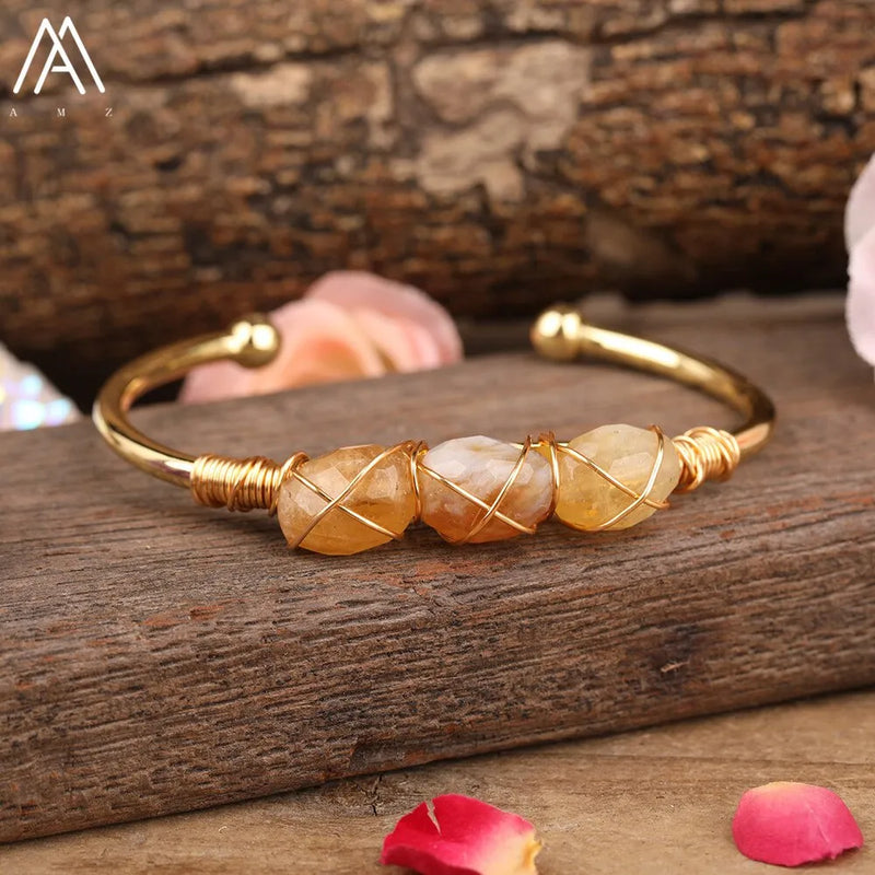 Natural Quartz Stone Beads Gold Bracelets Women Citrines Roses Quartz Chip Beads Open Cuff Bangles Bracelets Friendship Jewelry