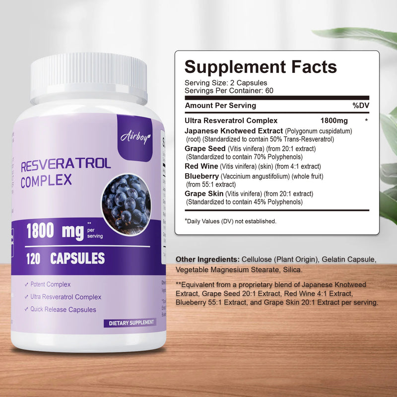 Resveratrol Complex - Antioxidant, Support Overall Health & Metabolism, Promotes Healthy Aging, Skin Health - 120 Capsules