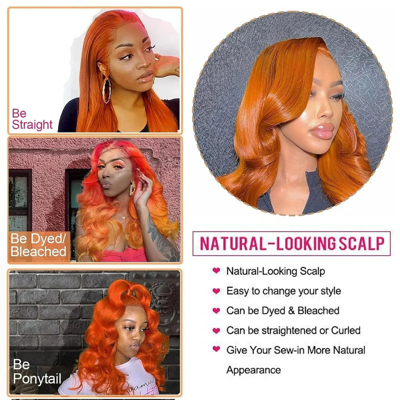 30 40 Inch Orange Ginger Body Wave Human Hair Wigs 13x6 HD Lace Frontal 350 Colored Water Wave Wig Brazilian Preplucked Raw Hair