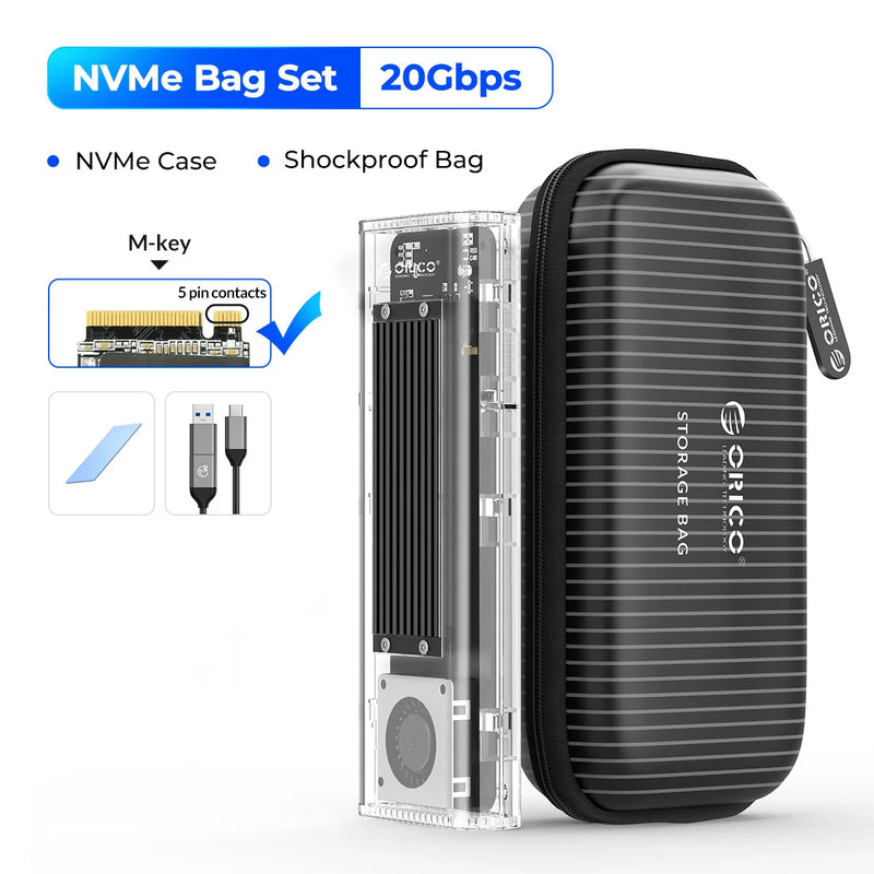 ORICO 20Gbps M.2 NVME SSD Case Enclosure with Cooling Fan USB 3.2 Gen 2 x 2 PCIE NVME Adapter Tool Free 4TB for PCIe M Key