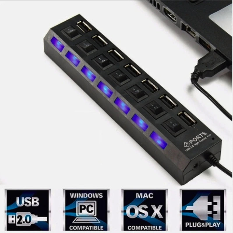 Hub De Usb 7 Portas 2.0 Extensor ultra rapido com Botão Liga/Desliga Converter Expansor Para Pc Computador Not