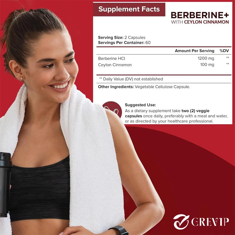 Berberine + Ceylon Cinnamon - Promotes Metabolism, Helps Cardiovascular and Gastrointestinal Health, Antioxidant - 120 Capsules