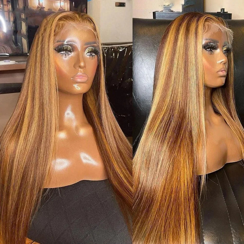 MELODIE 32 Inch Highlight 13x6 HD Lace Frontal Wig Straight Human Hair Wigs 4/27 Ombre Colored Brazilian 200 Density For Women