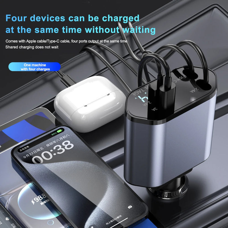 4 in 1 Retractable Car Charger Wired 120W for iPhone Samsung Xiaomi iPad USB C Cable for IP/Type-C Super Fast Charging Adapter