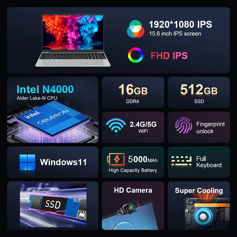 15.6" Intel Notebook PC Gamer Ultra Slim Laptop Intel Celeron N4000 16GB RAM 1TB 2TB SSD Office Study Computer PC Windows 11 Pro