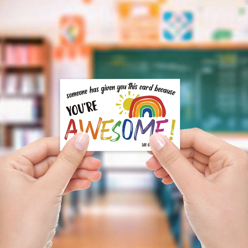 50 pcs, ‘You're Awesome’ Rainbow Encouragement Cards, Motivational Cards, Thank You Cards for Students, Teachers, and Staff