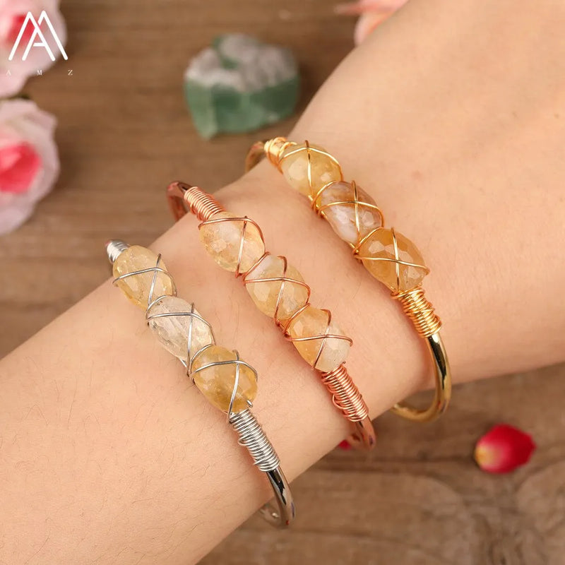 Natural Quartz Stone Beads Gold Bracelets Women Citrines Roses Quartz Chip Beads Open Cuff Bangles Bracelets Friendship Jewelry