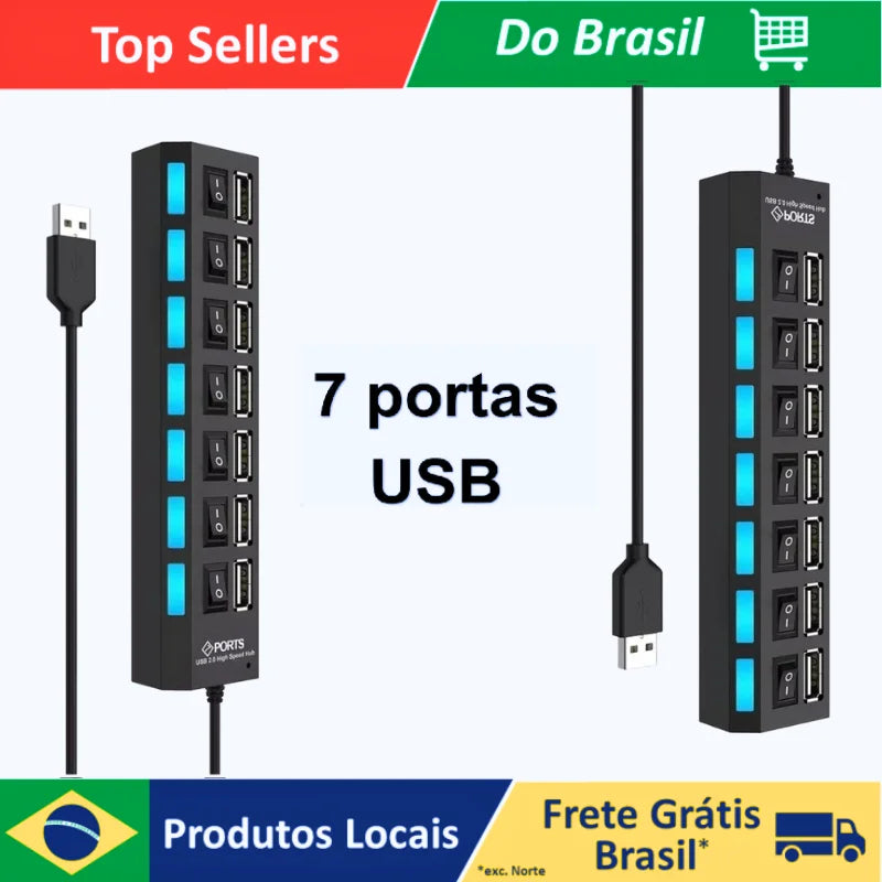 Hub De Usb 7 Portas 2.0 Extensor ultra rapido com Botão Liga/Desliga Converter Expansor Para Pc Computador Not