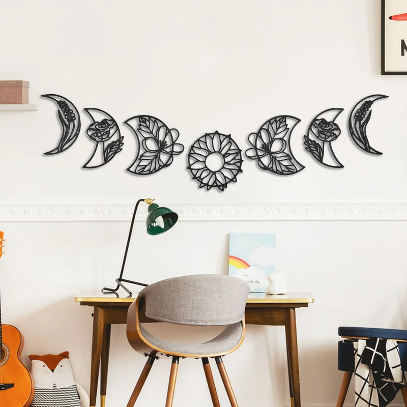7 Pieces Moon Phase Boho Hanging Nordic Wood Wall Decor Art for Living Room Bedroom Home Decoration