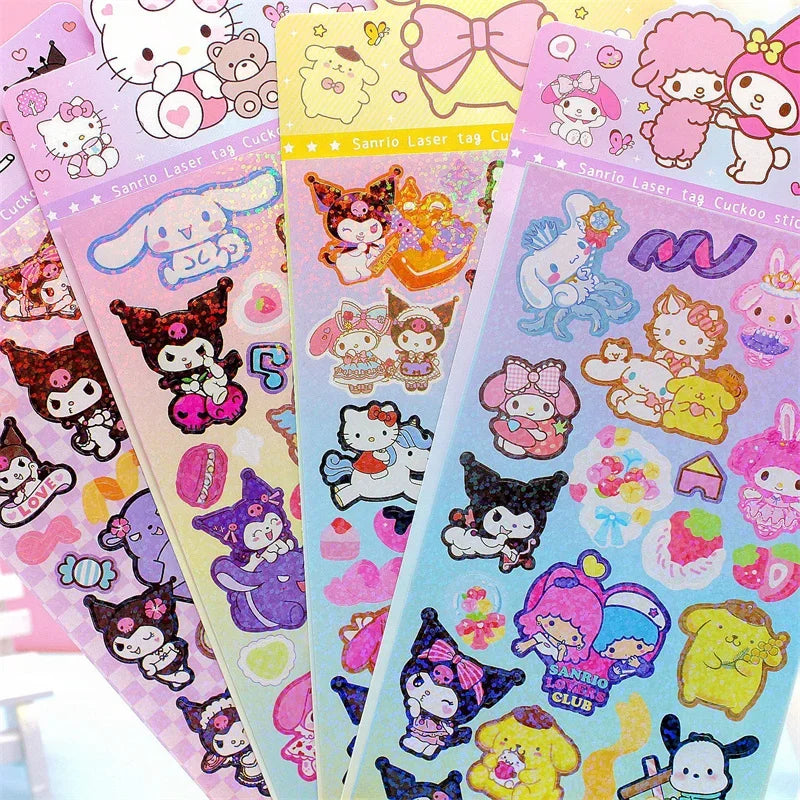 20Sheets Sanrio Sticker Cartoon Hello Kitty Cinnamoroll Kuromi My Melody Laser Sticker Decals Stationery Wholesale Kids Toys