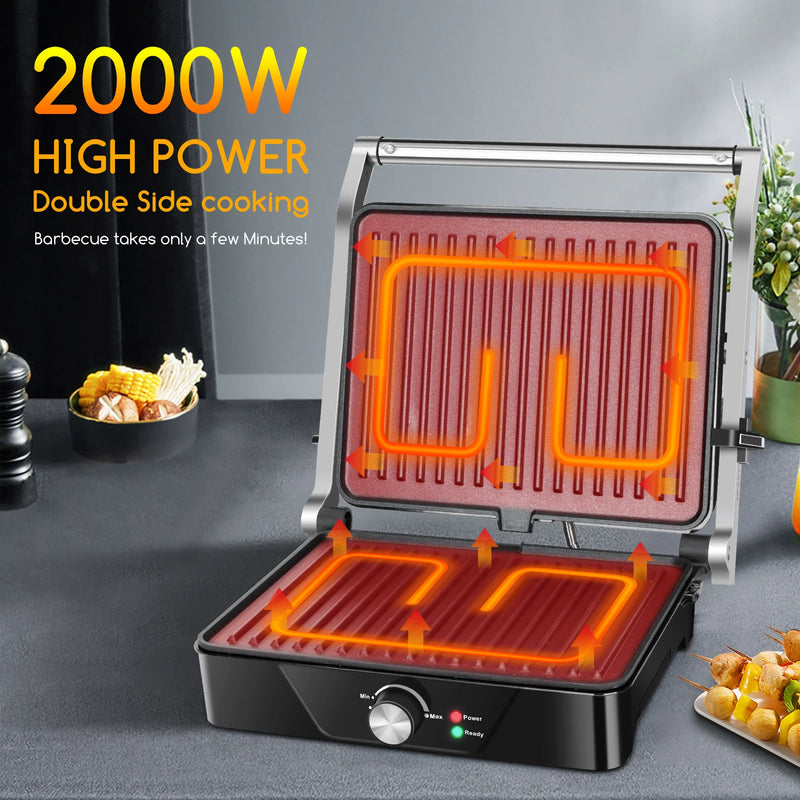 Electric grille, sandwich maker and Panini machine, 2000W power, adjustable temperature and timer, 180 ° opening, big plates 29x24cm, BPA free