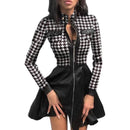 Fashion Women Lace Long Sleeve Zipper Pocket Large Hem Faux Leather Mini Dress