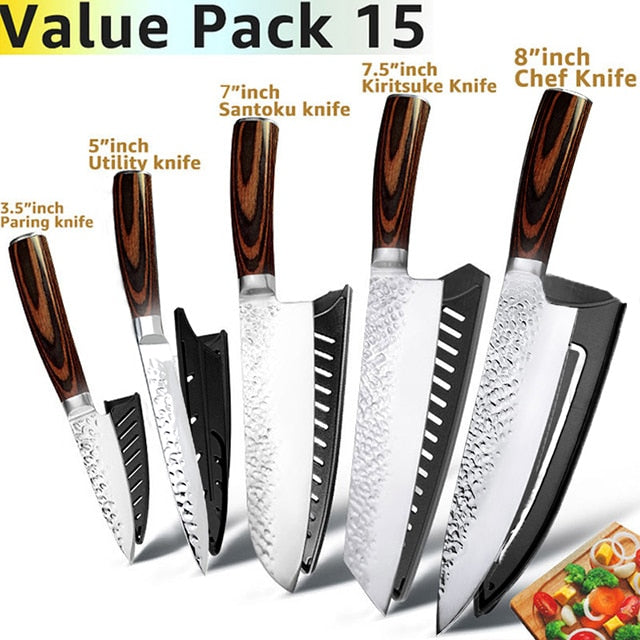 Kitchen Knife Japanese Chef Knives Set 7CR17 High Carbon Stainless Steel Full Tang Hammer Pattern Meat Cleaver Utility Santoku K