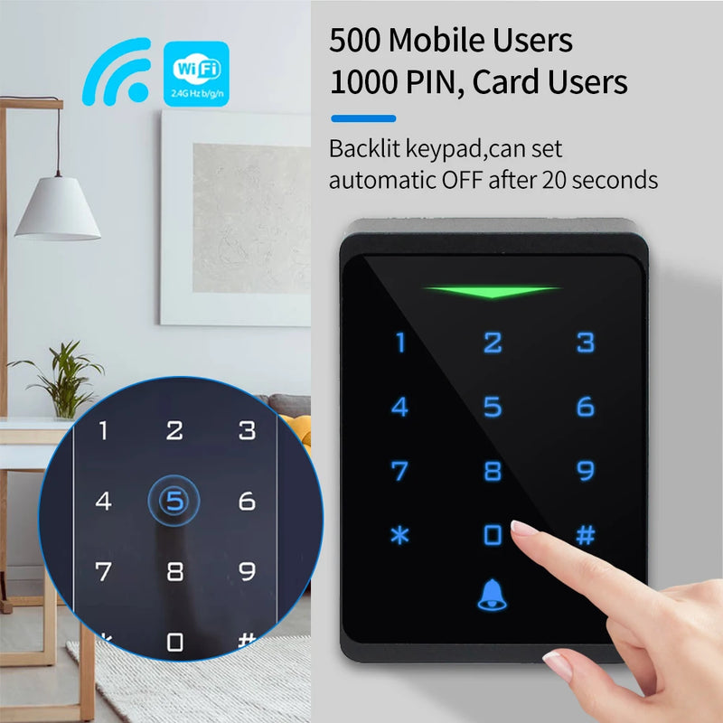 2.4G Wifi Tuya & Smartlife App Backlit Access Control Keypad IP66 Waterproof Standalone RFID 125kHZ EM Card Reader Wiegand 26Bit