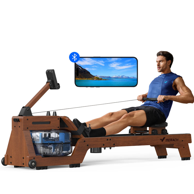 MERACH Water Rowing Machine for Home Use Finest Solid Wood Rower Bluetooth-Connected APP New Upgraded Seat Cushion Max 330lb