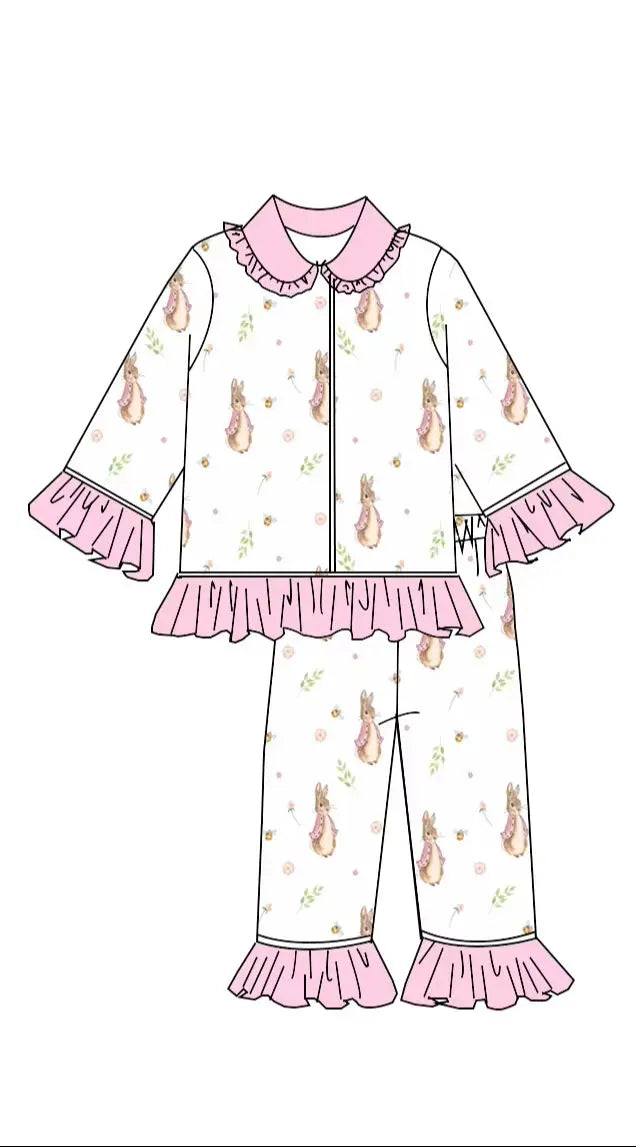 Easter boutique children's suit lapel lace short sleeve elastic rabbit flower print trousers girls boys trousers pajamas set