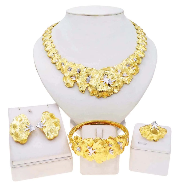 Gold Plated Woman Jewelry Set Luxurious Flower Necklace Earrings Elegant Woman Dinner and Wedding Bijoux SYHOL