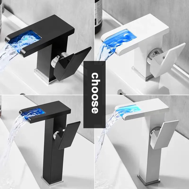 LED Luminous Waterfall Faucet Hot and Cold Color Changing Mixer Tap Square Wash Basin Bathroom Cabinet Faucet Copper Alloy