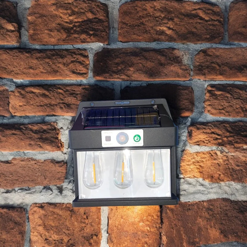 Luminária Solar 3 lampadas com Sensor de Movimento para Parede Externa LED Energia Solar com Filamento Colonial