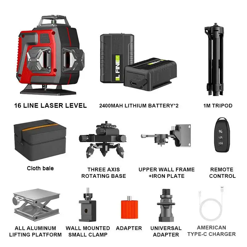 Professional 16 Lines 4D Laser Level Automatic 3 ° Line-holding pole Wall 360 Horizontal And Vertical Super power Green Beam