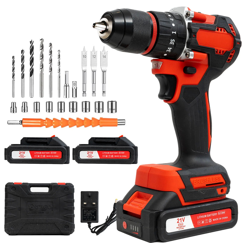 Drill/Cordless Screwdriver with 2 batteries 21 V, drill 42 Nm couple, 25 + 1 couple levels, LED light, 2 speeds