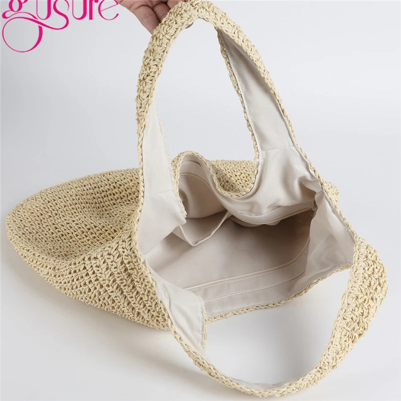 Gusure Casual Straw Women Shoulder Bags Wicker Woven Ladies Handbags Handmade Summer Beach Large Totes Bag Bohemia