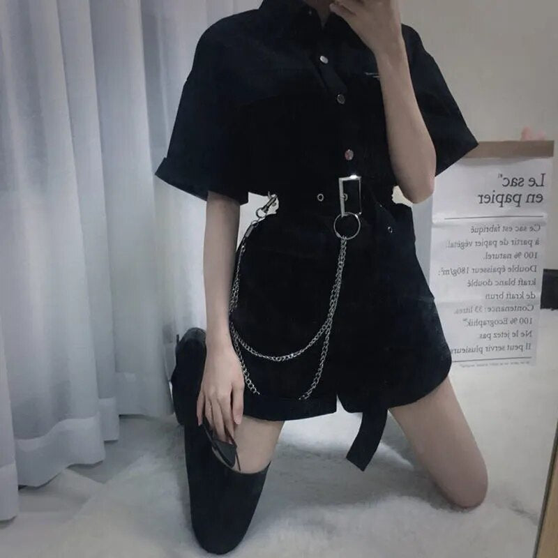 Rompers Women High Street Chic Belt Harajuku Hip Hop Black Girls Clothing Korean Letter Pocket Summer Fashion Womens Playsuits
