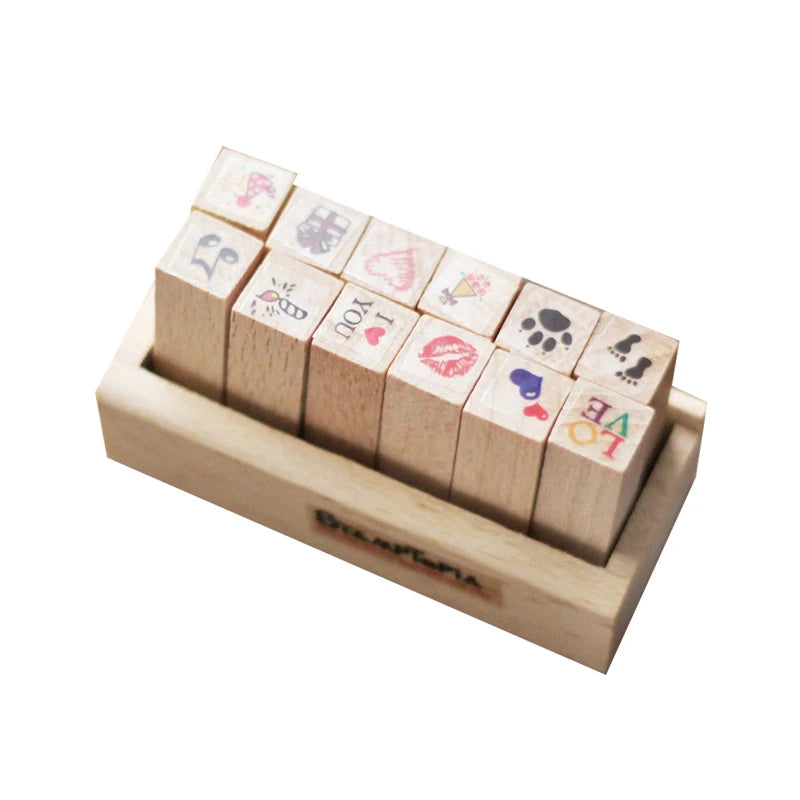 12 Pc/Set Retro Cartoon Wooden Rubber Stamps Small Cute Life Travel Week Heart Rubber Seal Scrapbooking Planner Decorative Stamp