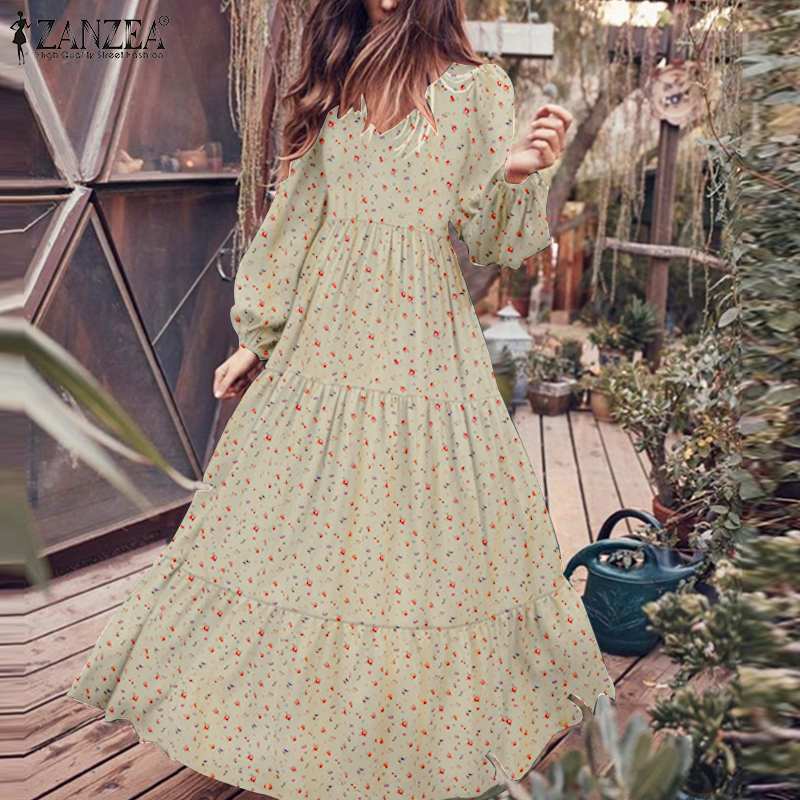 Women's Autumn Sundress ZANZEA 2023 Fashion Ruffle Maxi Dress Casual Puff Sleeve Tunic Vestidos Floral Print Robe