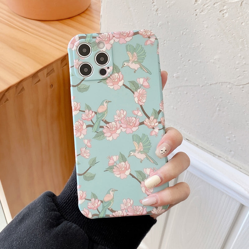 For iPhone 12 Pro Max Case Vintage Flower & Bird Square Phone Case For iPhone 11 Pro Max XR XS Max X Soft Silicon Coque