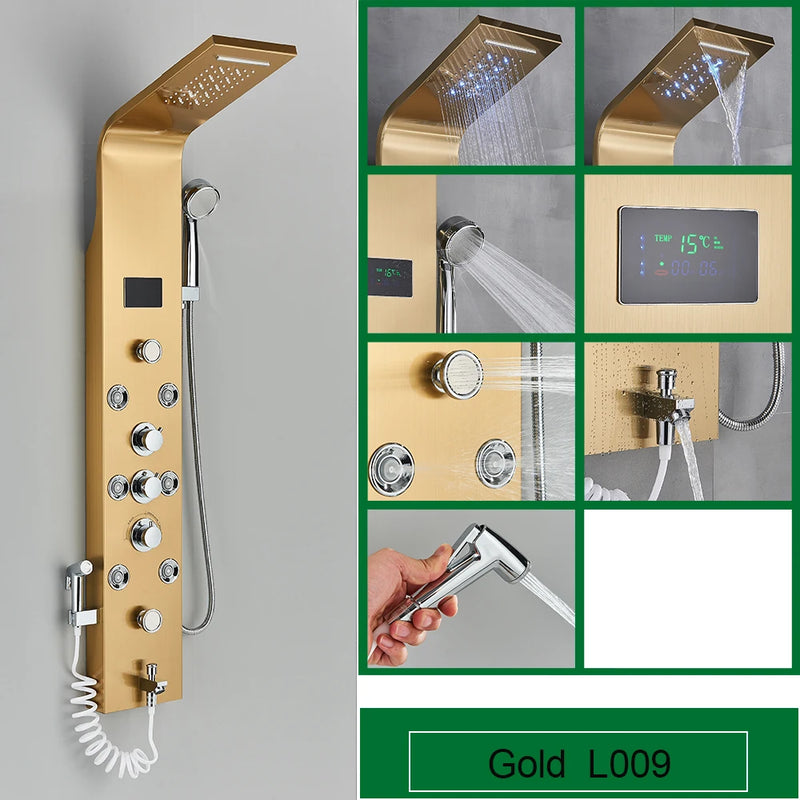 Black Bathroom Shower Panel SPA Massage Jet Shower Column LED Display Stainless Steel Shower System