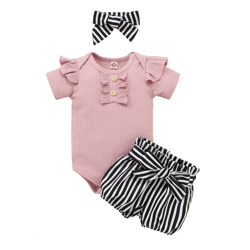 Newborn Baby Girls Outfits Clothes Cotton Solid Romper Jumpsuit + Denim Shorts+Headband Sweet Set Summer New23