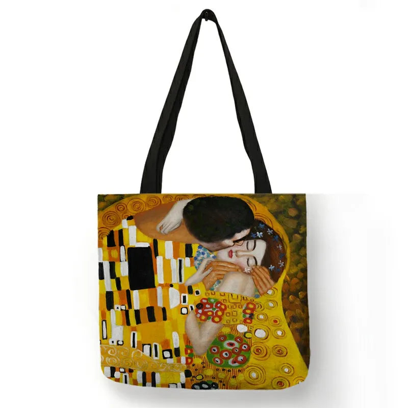 Customized Oil Painting Tears Linen Cloth Tote Bags For Women Gustav Klimt  Ladise Fashion Handbag Large Capacity Shopping Totes