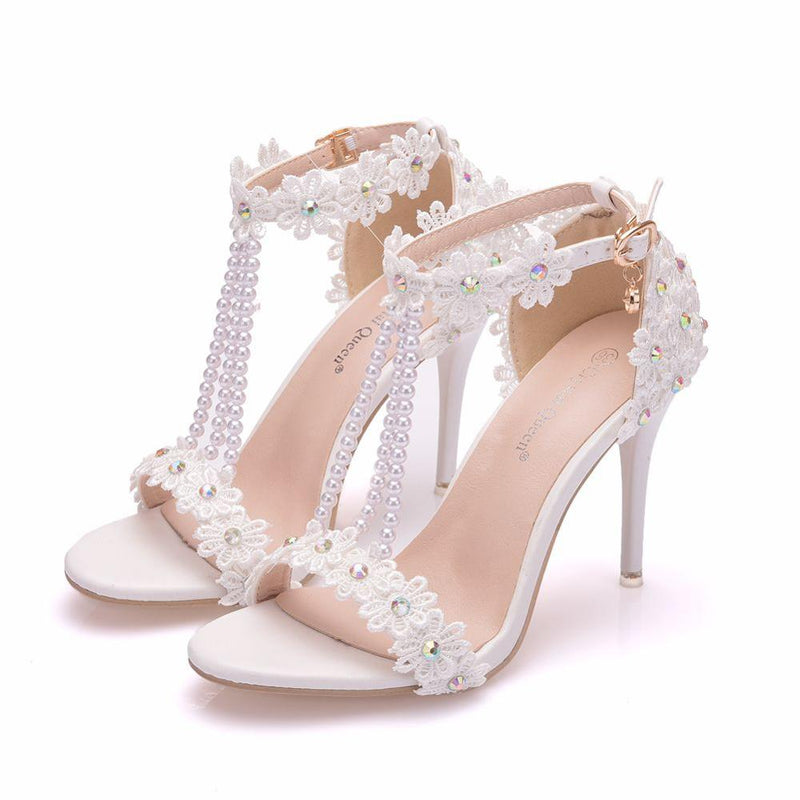 Crystal Queen Women Sandals White Lace Flowers Pearl Tassel 9CM Fine High Heels Slender Bridal Pumps Wedding Shoes