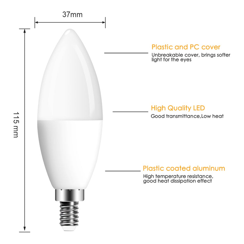 E14 LED Bulb Candle Color Indoor Neon Sign Light Bulb RGB Tape With Controller Lighting 220V E12 Dimmable Smart Lamp For Home