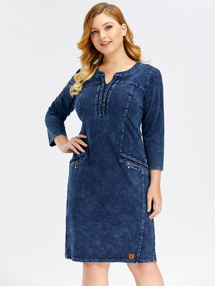 LIH HUA Women's Plus Size Denim Dress Elasticity  Knitted Denim Dresses Slim Fit Casual Dress Shoulder Pads Midi Dress