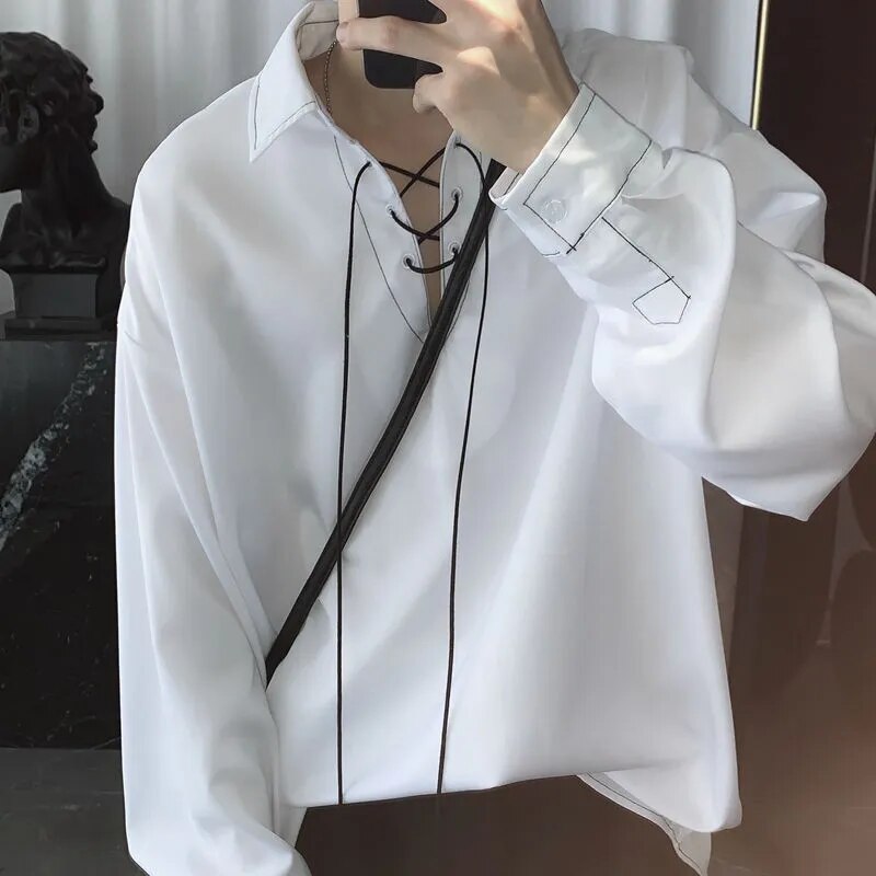 Chic Blouses Design Blouse Women Shirts Clothes Korean Style Ascetic Ssystem Tops Drawstring Top Stitching V-Neck Male Pullover
